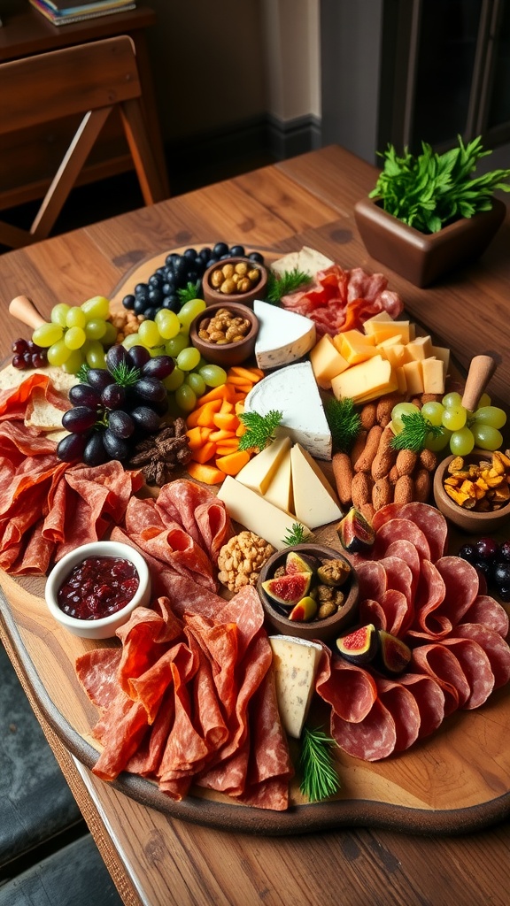 A colorful charcuterie board featuring meats, cheeses, fruits, nuts on a wooden table.